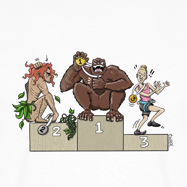 Klettern T-Shirt "Olympische Gewinner - Tarzan, Gorilla und Athletin" - Kletter Karikatur Klettern T-Shirt, Klettern Motive, Bouldern, Wandern, Natur Liebhaber, Outdoor Sport